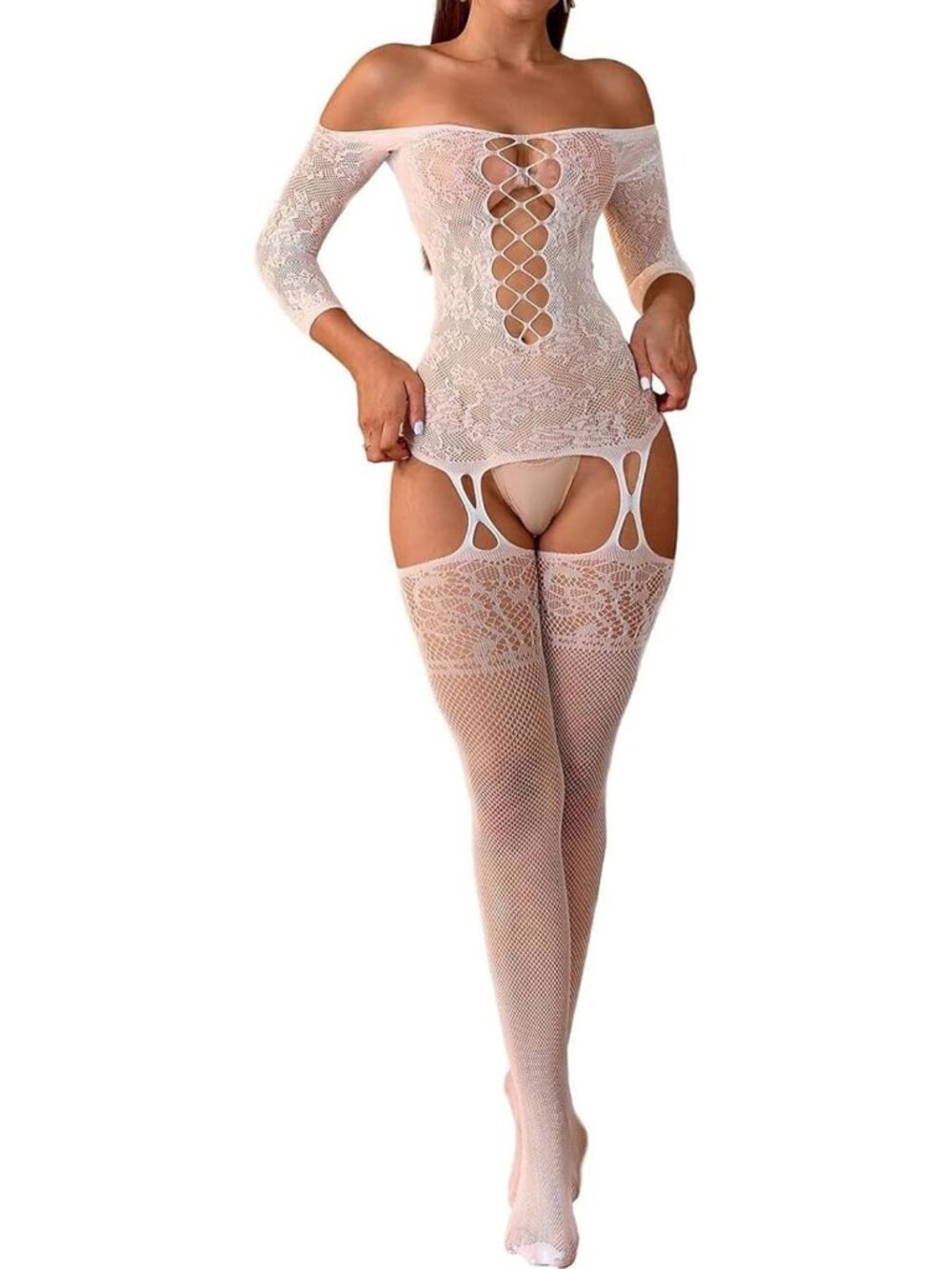 Women's Body Stocking White Fishnet Sleeveless Nightwear Attached Soft Outfits